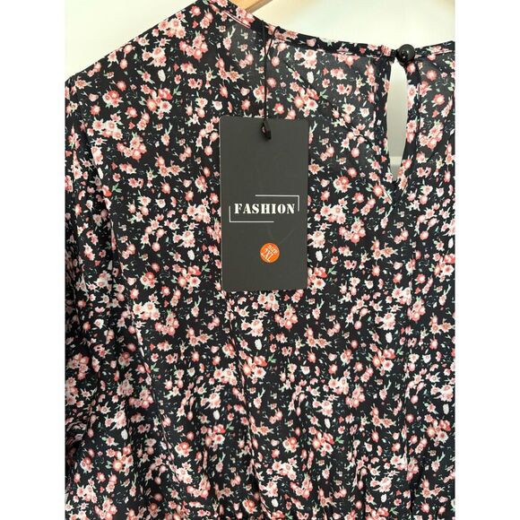 Women’s Black Floral Boho Dress Short Sleeve Ruffle Smocked Size XXL New - Picture 5 of 5